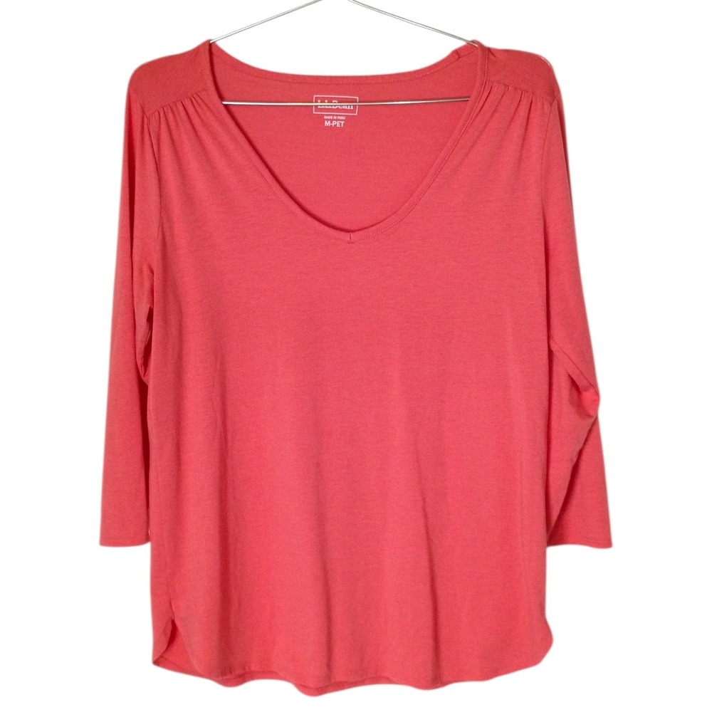 LL Bean Womens Coral V-Neck 3/4 Sleeve Knit Top Shirt Size M-PET Petite